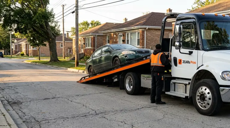 JCARs Pros flatbed tow truck winching an old green sedan onto its bed on a residential street