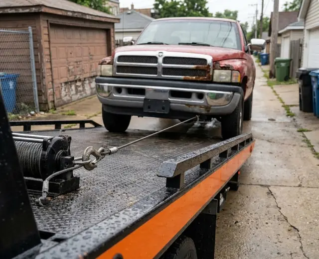 Winch cable pulling a rusty red pickup truck onto a flatbed tow truck in an alley