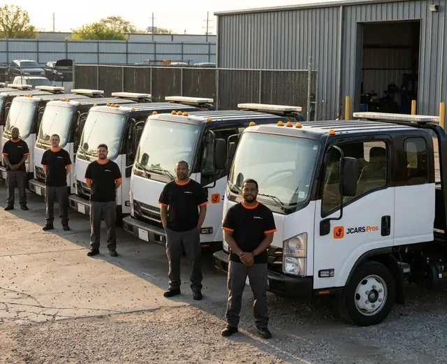 JCARs Pros drivers standing beside a row of the company's flatbed tow trucks