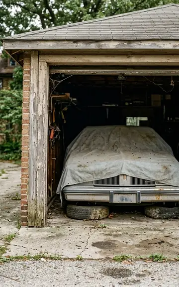 Classic car under a dust sheet inside an old detached garage
