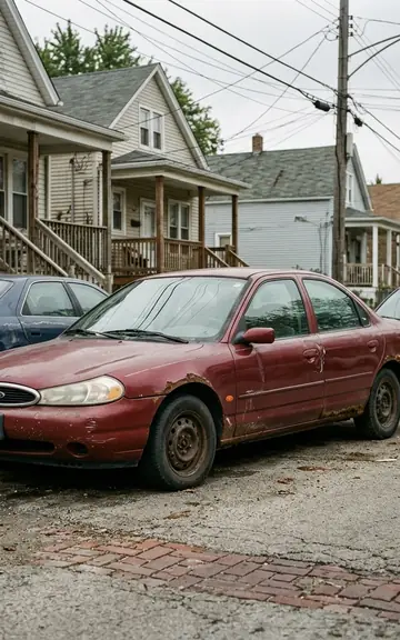 Rusty maroon sedan parked on a narrow street of frame houses