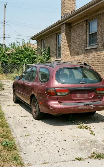 Old maroon station wagon parked in the side driveway of a brick house