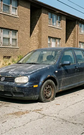 Old dark-blue hatchback parked at the curb beside a brick apartment building