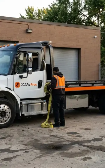 JCARs Pros flatbed tow truck and driver outside a brick garage
