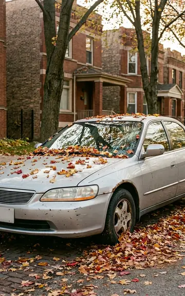 Old silver sedan covered in fallen autumn leaves at the curb
