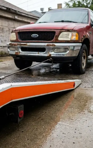 Rusty red pickup truck being winched onto a flatbed in a wet alley