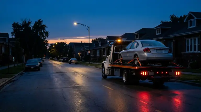 Flatbed tow truck carrying an old sedan away down a residential street at dusk