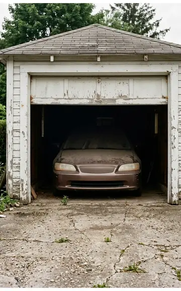 Old brown sedan inside a small white wooden garage